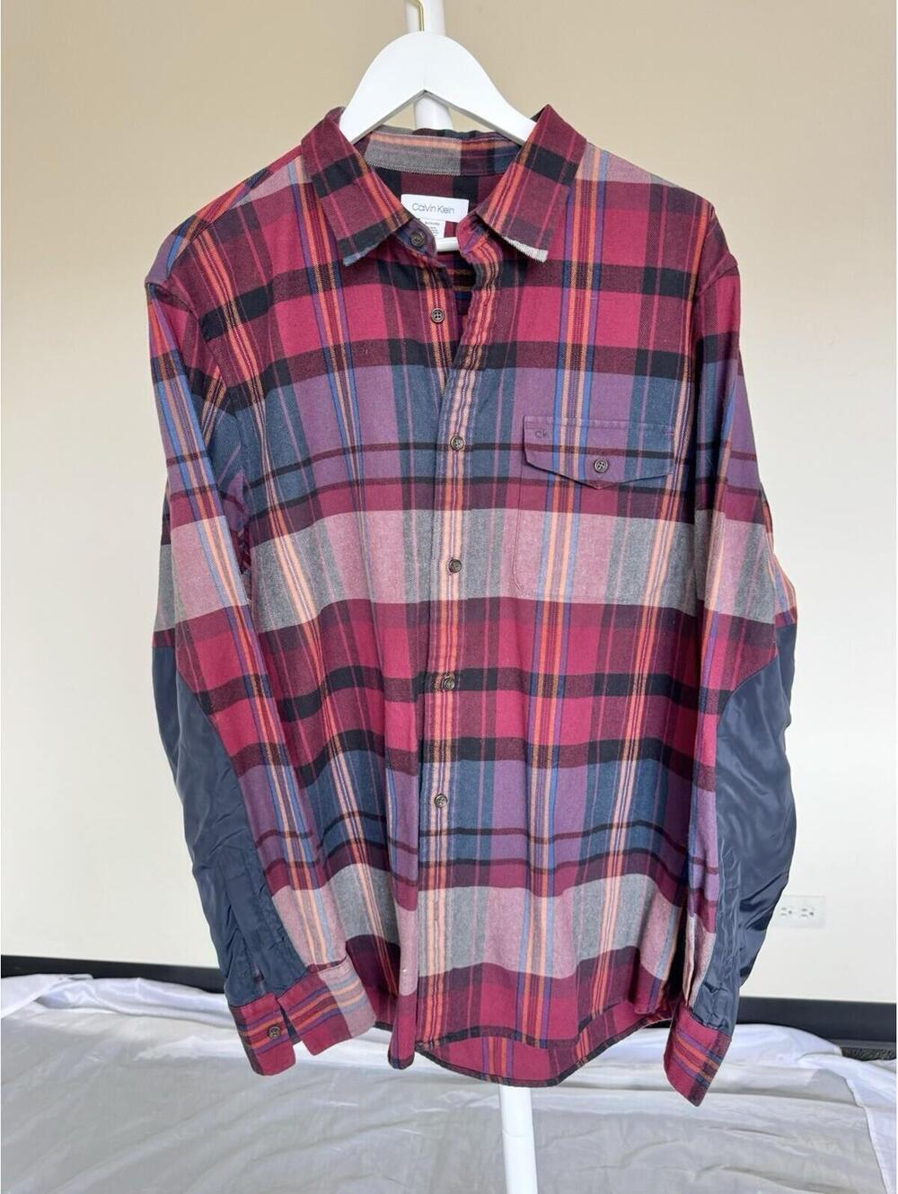 Calvin Klein Men’s Plaid Shirt Sz Xl W Elbow Patch  Purple Pink Blue
